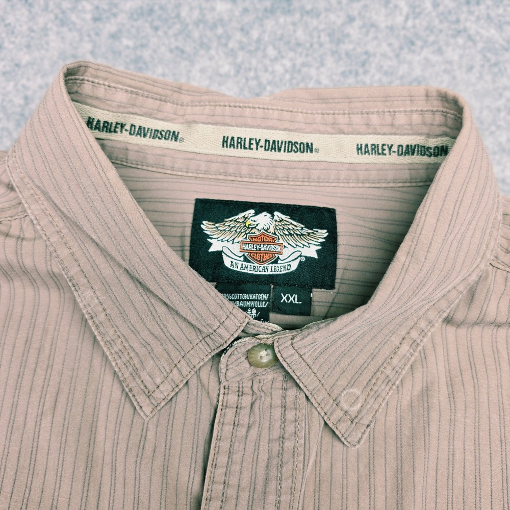 Harley-Davidson Mens XXL Tan Pinstripe Long Sleeve Button Up Shirt Embroidered